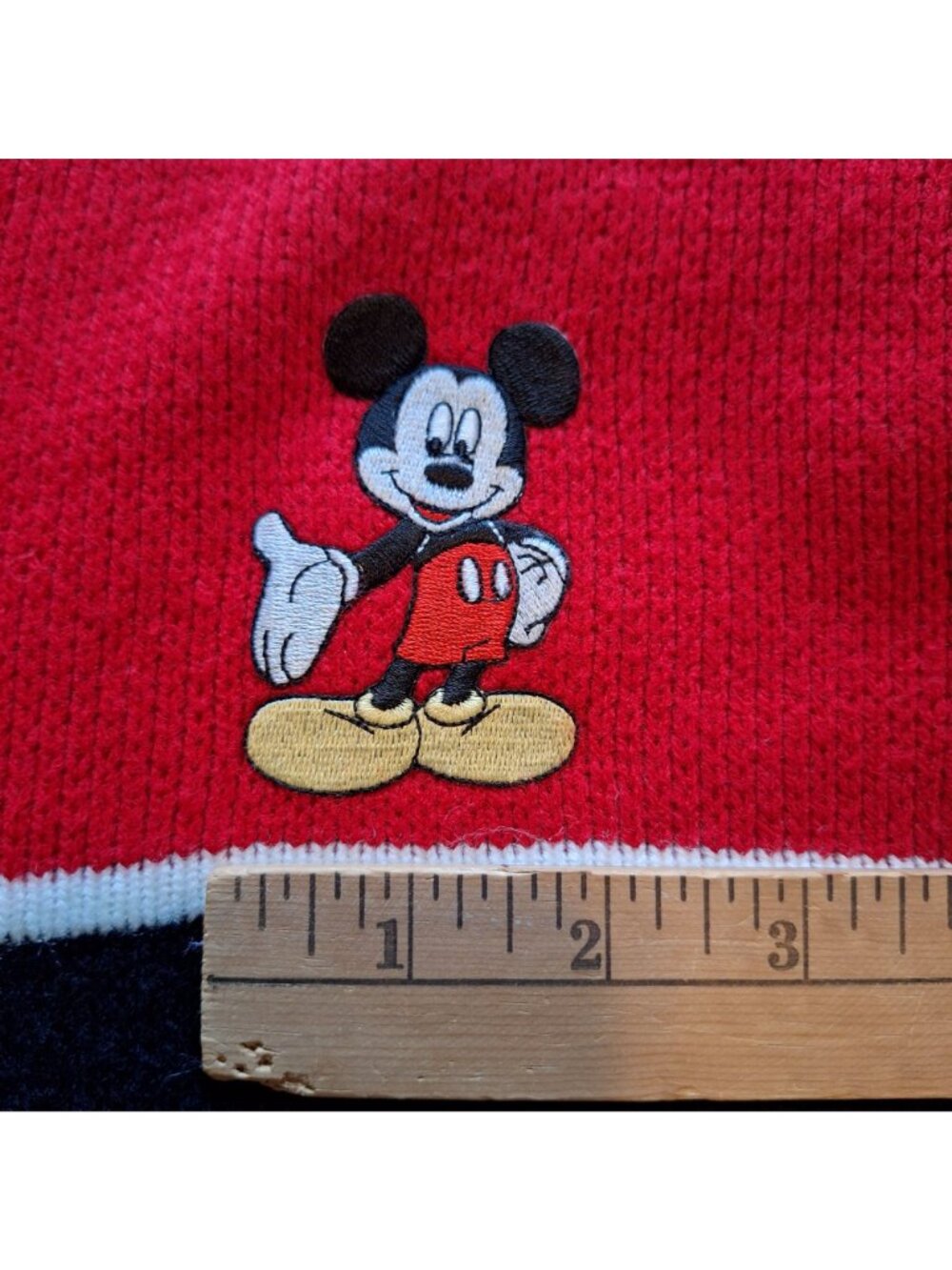 Mickey Unlimited Sweater L Vintage 90s Embroidered Patch Red Black Kids Large - Picture 12 of 14